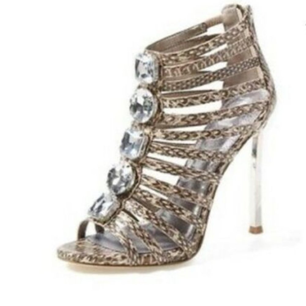 Sam Edelman Size 9 Hampton Leather Snakeskin Print Caged Sandal Heel Shoe
